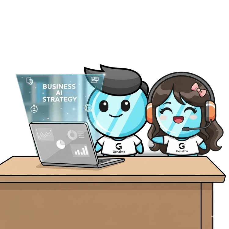 Genaima mascot reviewing AI strategy plans